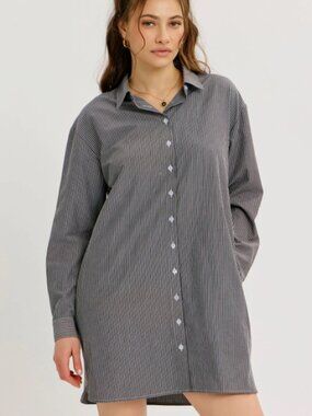 Black White Pinstripe Button Front Shirt Mini Dress NWT #D111